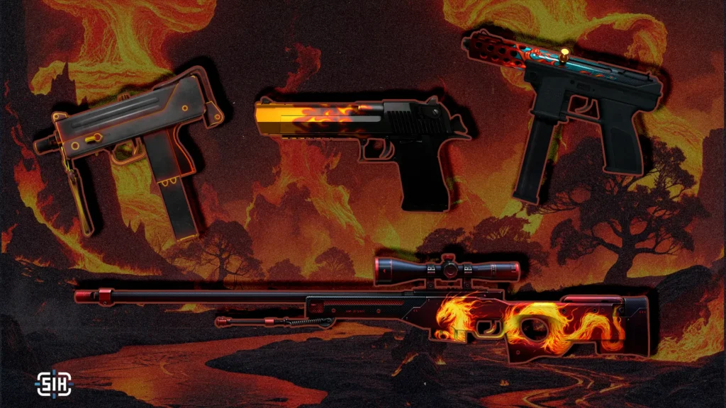 Collection of fire skins in Counter-Strike 2. Add some brutality and warmth to your inventory.
